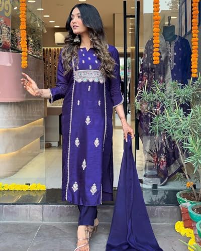 ANNI DESIGNER Womens Cotton Blend Embroidered Straight Kurta with Pant & Dupatta (NEPOLI BEGANI_XXL_Purple_XX-Large)