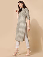 Nainvish Women'S Cotton Blend Straight Mandarin/Chinese Neck Printed Kurta (Sd419_K-S._White Green)