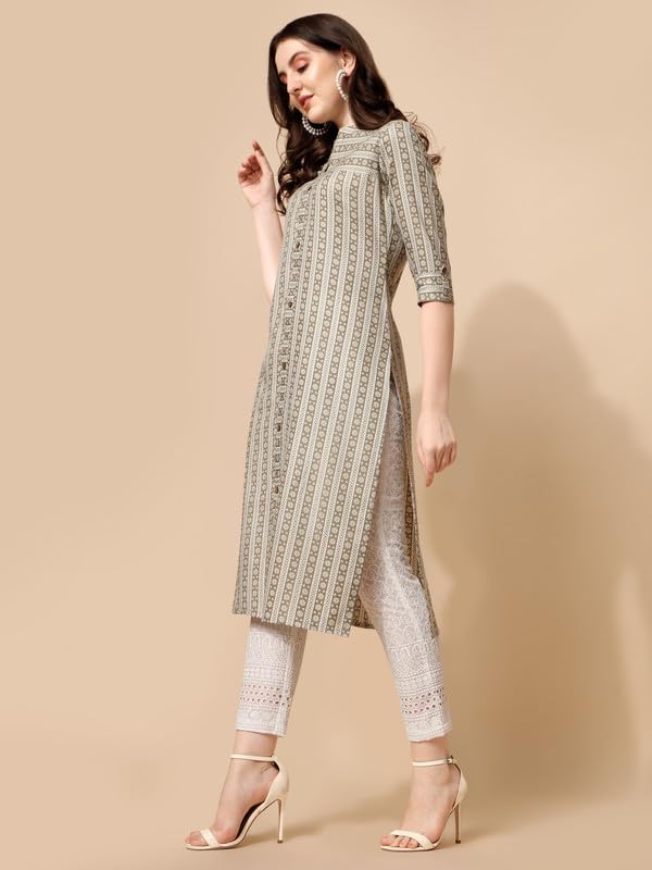 Nainvish Women'S Cotton Blend Straight Mandarin/Chinese Neck Printed Kurta (Sd419_K-S._White Green)