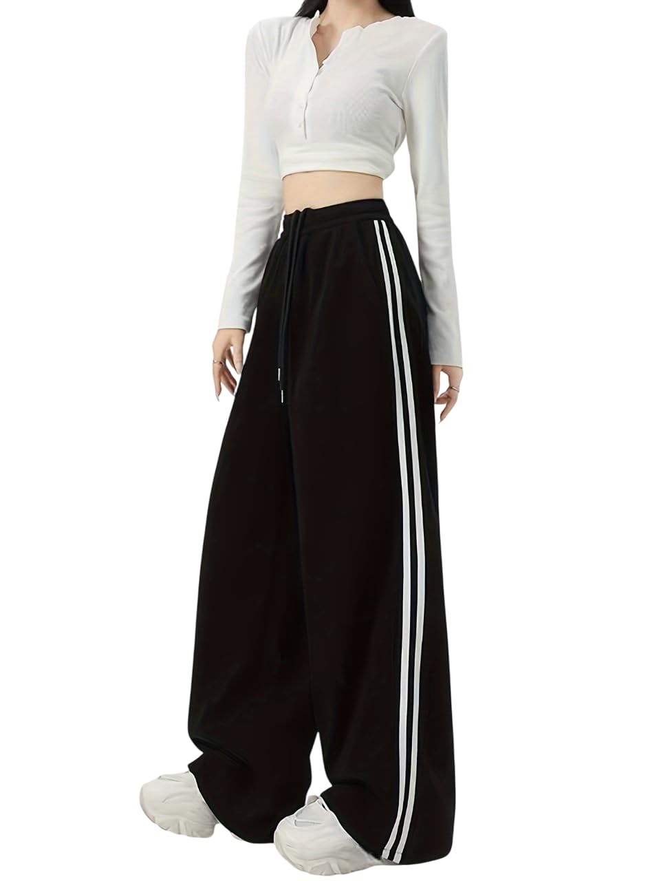 Dockstreet Womens High Rise Open Bottom Wide Legged Two Striped Black And White .Open1711ITwostripeopenblackwomenjogr42 42