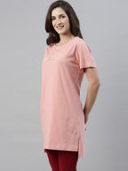 Enamor Essentials Womens Relaxed Fit Short Sleeves Crew Neck Mid-Thigh Length Breathable Pure Cotton Tunic Tee with Side Slit -