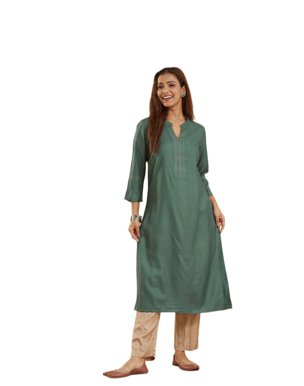Fabindia Womens Green Viscose Silk Solid Regular Fit Long Kurta