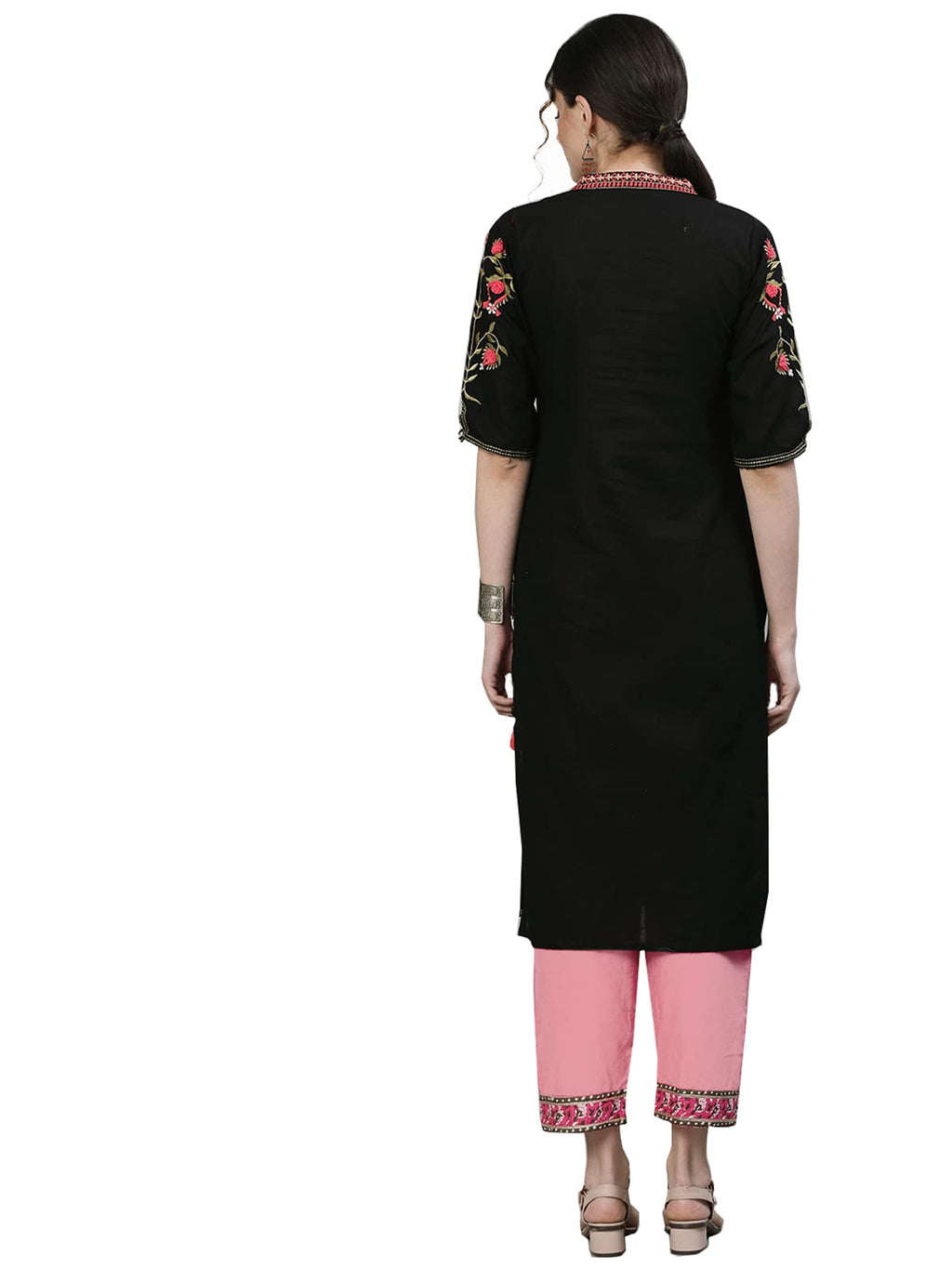 Ishin WomenS Cotton Black Embroidered Straight Kurta