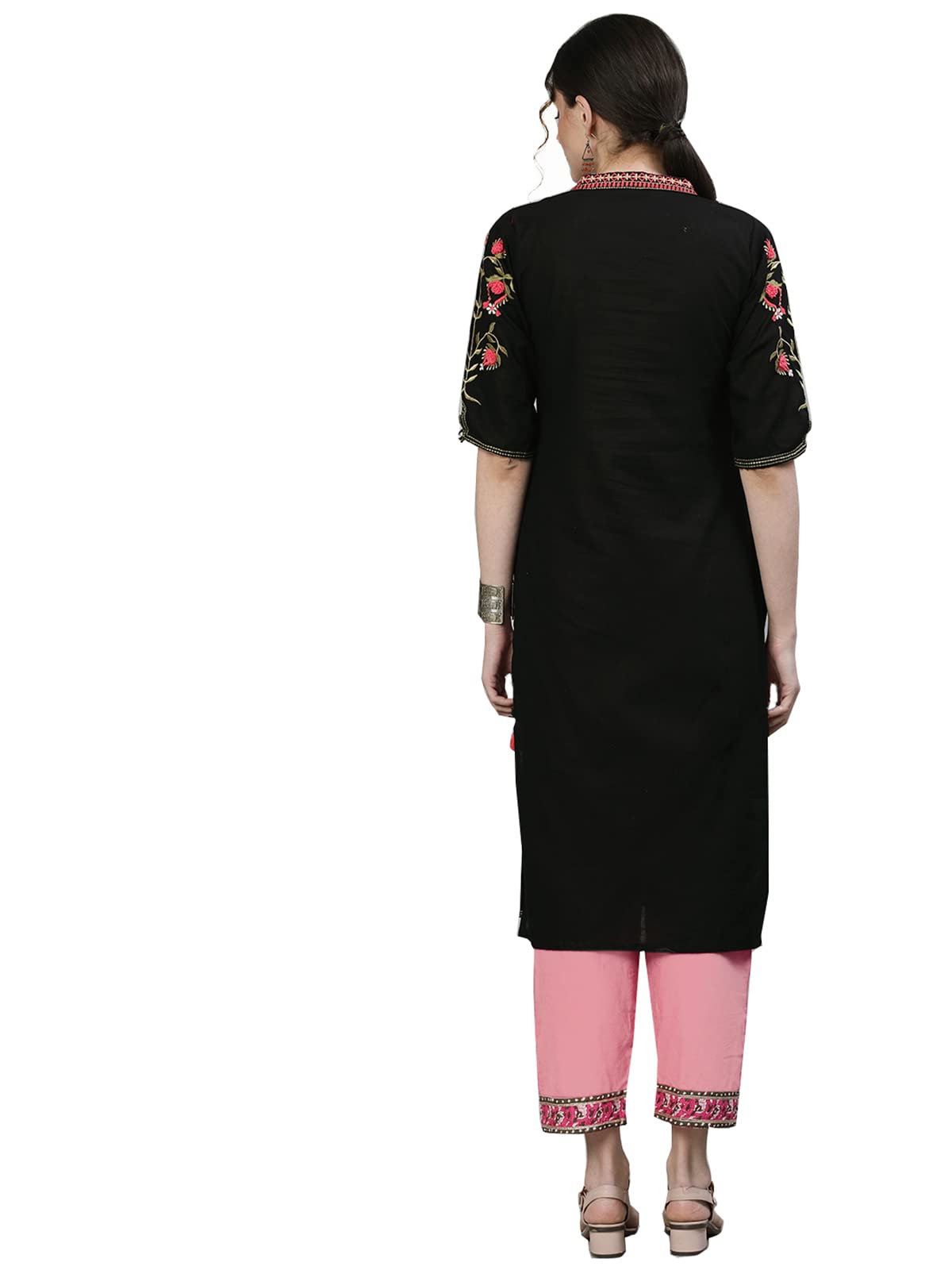 Ishin WomenS Cotton Black Embroidered Straight Kurta