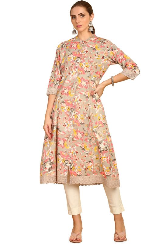 Soch Women Floral Printed Cotton Flex Mandarin Collar Kurta with Lace