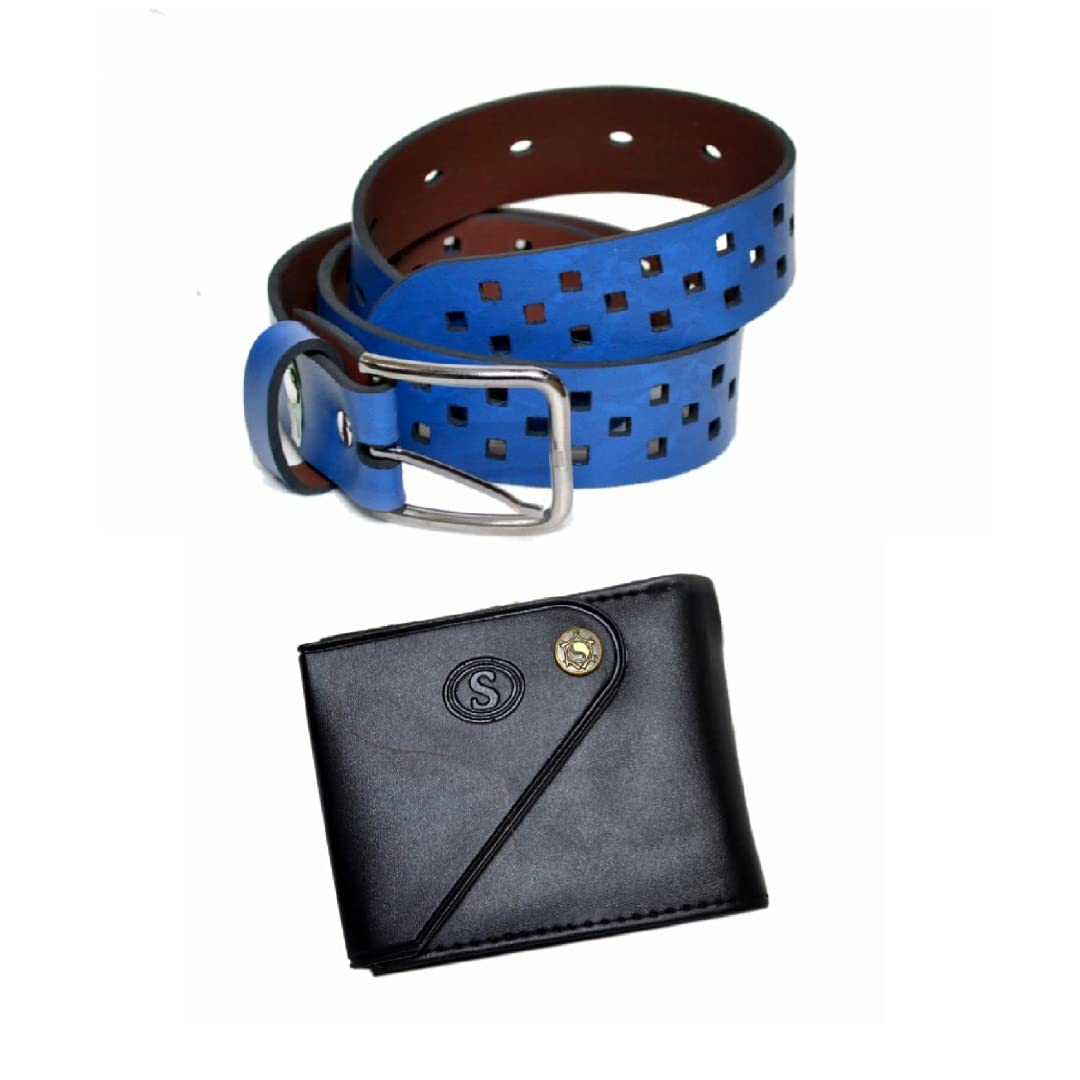Men Belt & Wallet Combo Set For Men , Gift Set For Men , Gift Hamper For Birthday Or Other Occasion For Men & Boys (Blue) 34