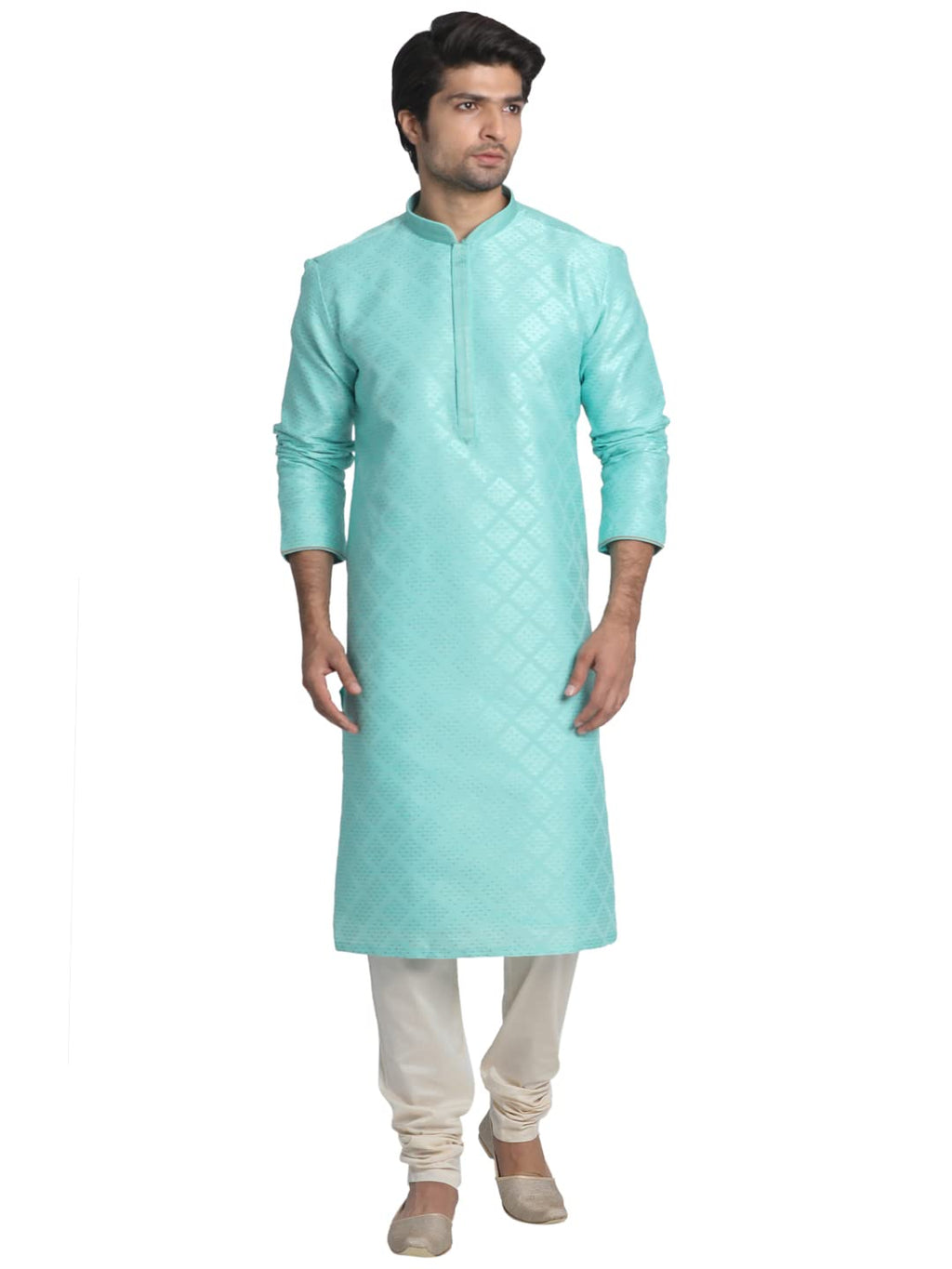Manyavar Jacquard Print Knee Long Full Sleeves Kurta And Pyjama Set For Men - (Light Green, X-Large)