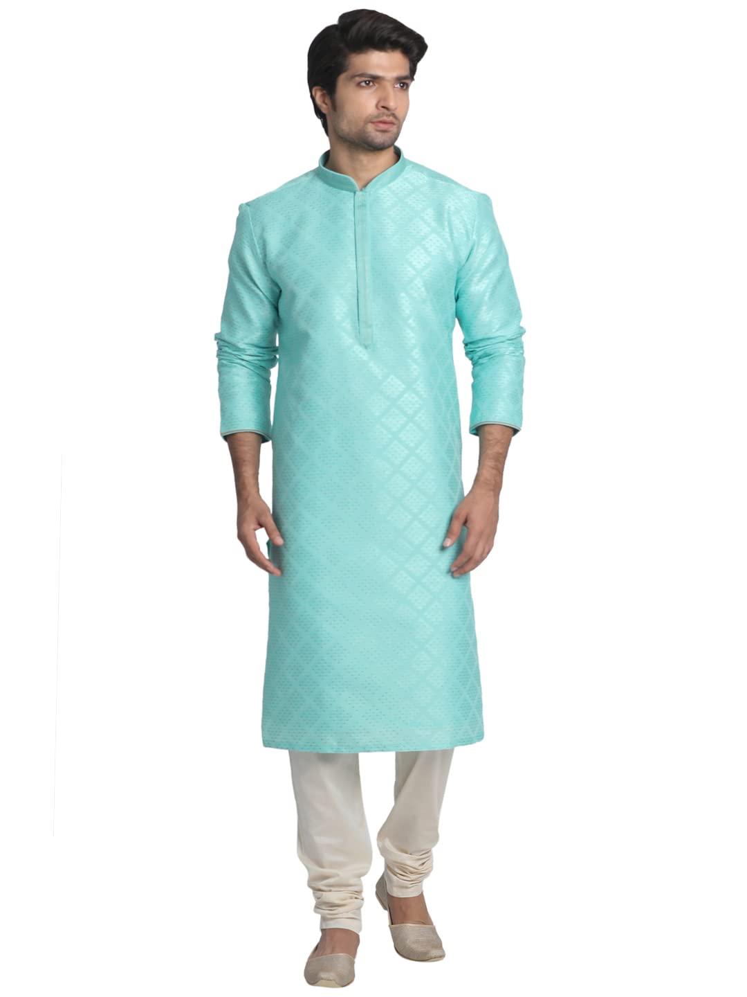 Manyavar Jacquard Print Knee Long Full Sleeves Kurta And Pyjama Set For Men - (Light Green, X-Large)
