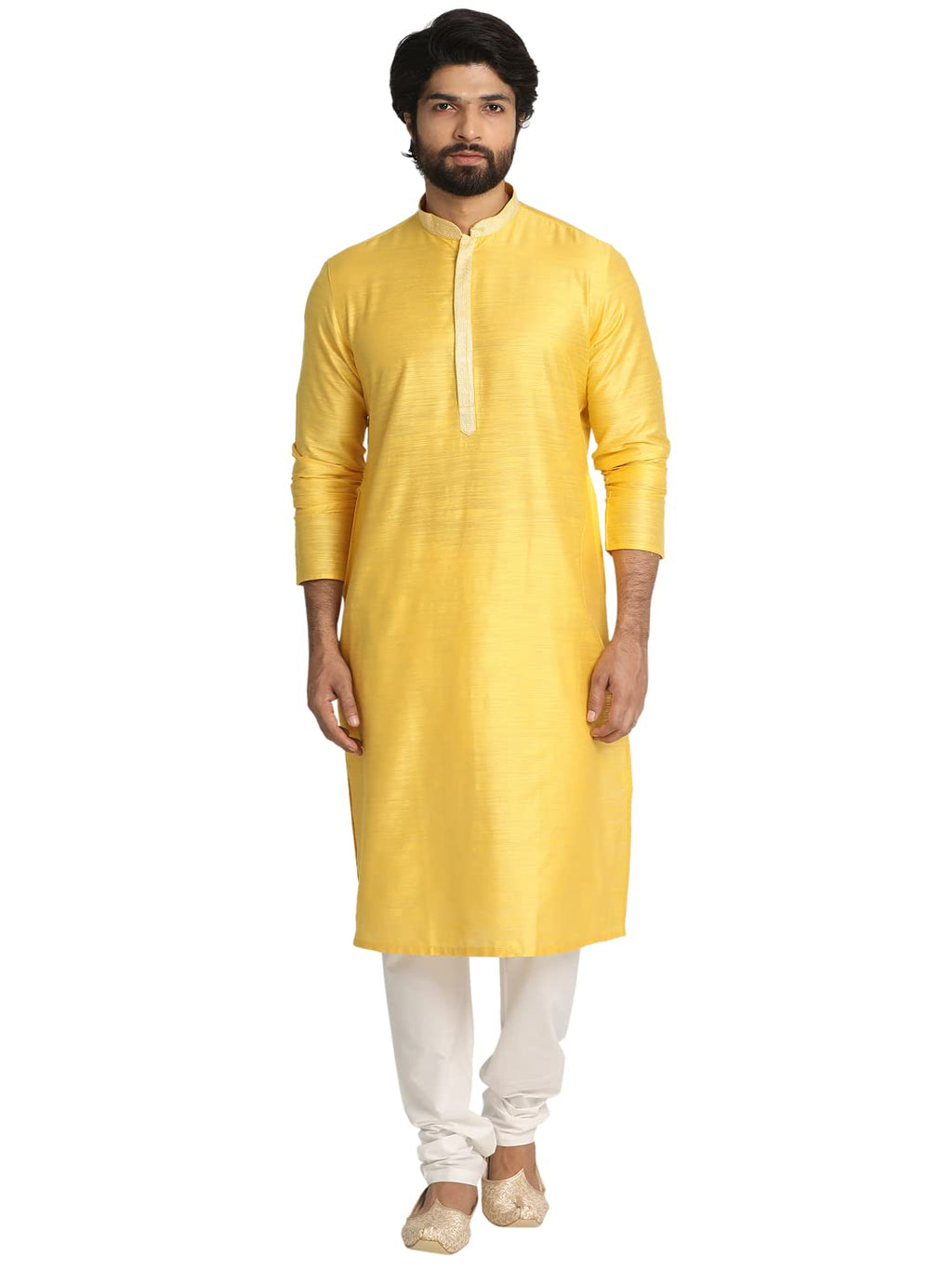 Manyavar Selfdesign Knee Long Full Sleeves Kurta And Churidar Set For Men - (Yellow, Small)