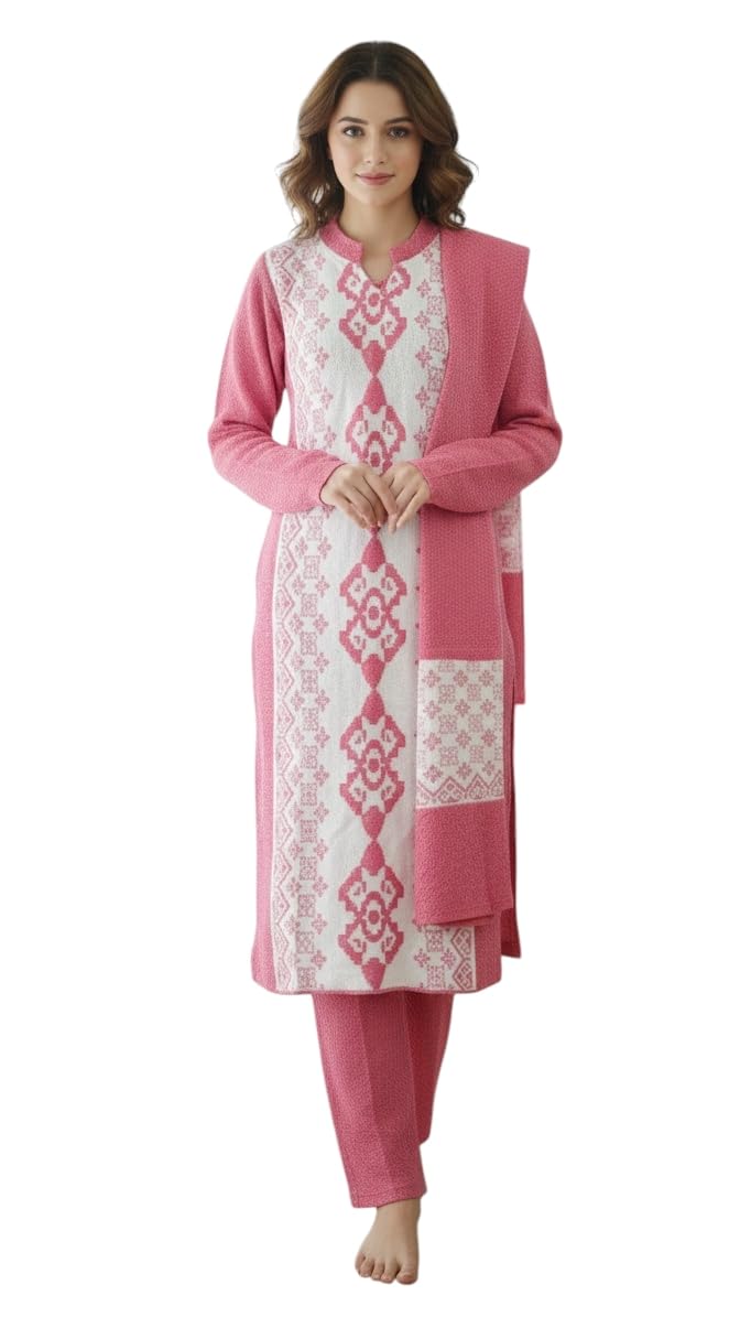 Aarika Womens Winter Wear Pink Colour Abstract Woolen Kurti & Pant With Stole-(S-L)-(Kp-W-Md-1017-Pink-S)