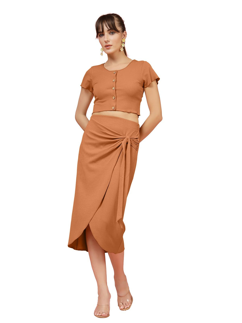 Oomph! Stretchable Lycra Coord Crop Top And Skirt Set For Women, Orange - Coord_Mt978Msk255