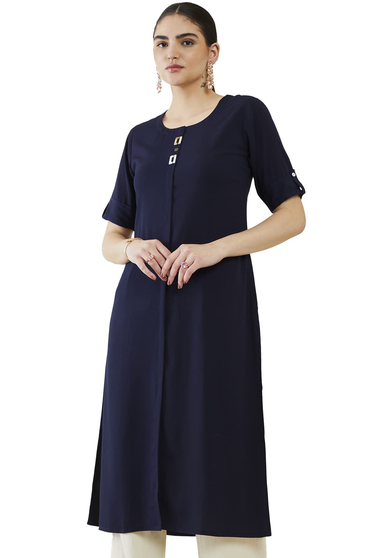 Soch Women Navy Blue Viscose Solid Kurta(Navy Blue_L)