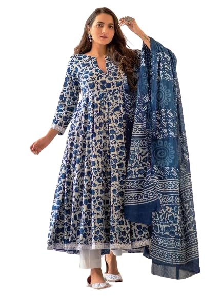 Pinkmint WomenS Rayon Anarkali Indigo Printed Kurta & Pant With Dupatta Set