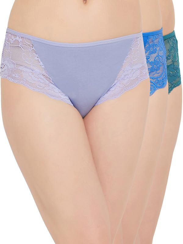 Clovia Womens Cotton Pack of 3 Mid Waist Hipster Panties with Lace Panels (PNC531920_Multicolor_XL)