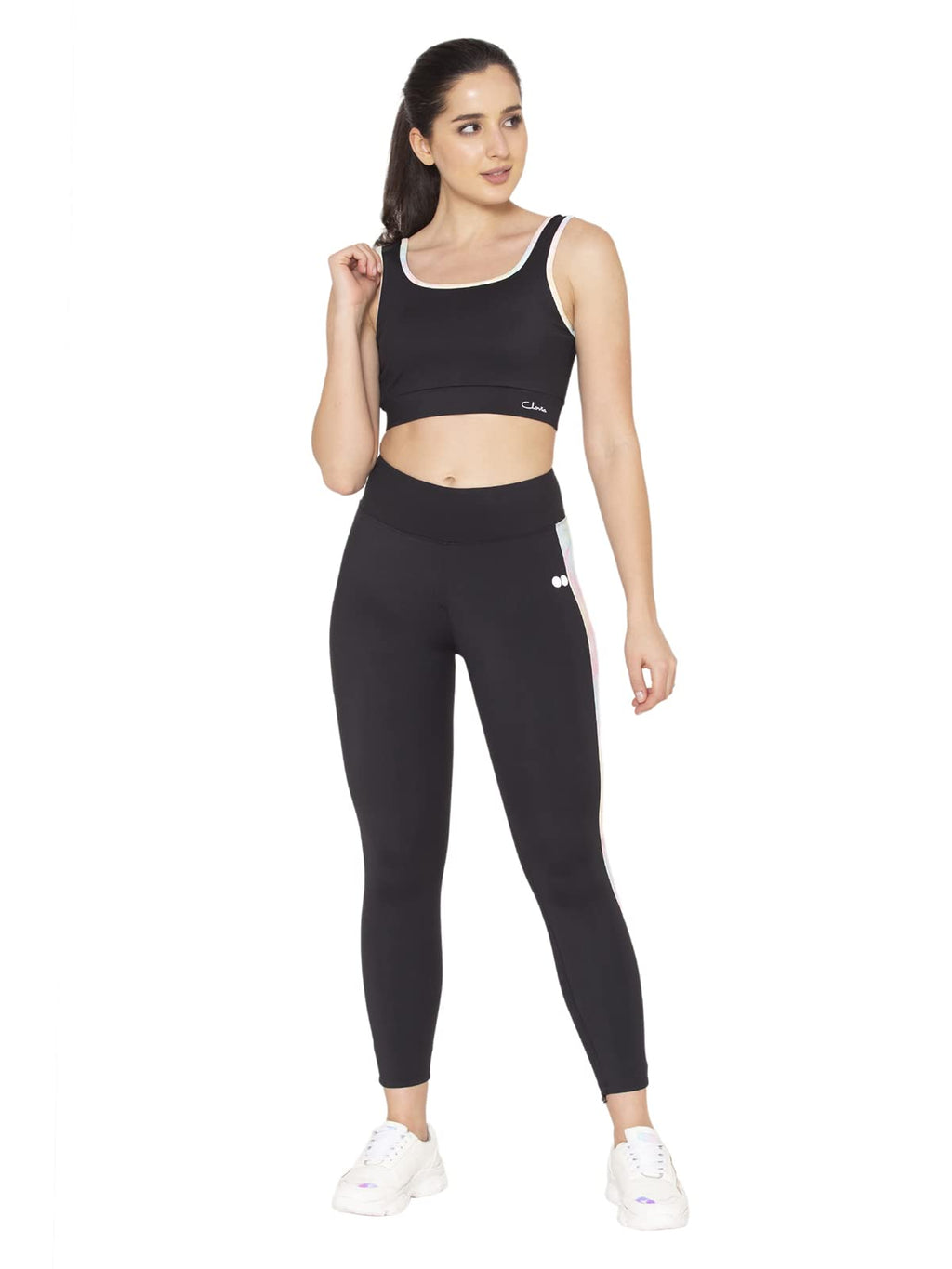 Clovia Womens Nylon Medium Impact Padded Non-Wired Casual Style Sports Bra With Removable & Sports Tights Set (Combat153_Black_