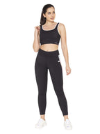 Clovia Womens Nylon Medium Impact Padded Non-Wired Casual Style Sports Bra With Removable & Sports Tights Set (Combat153_Black_
