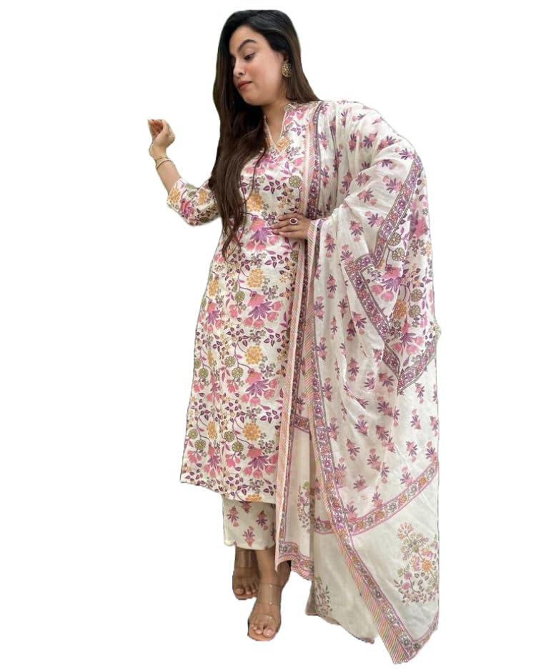 ANNI DESIGNER Womens Rayon Blend Straight Printed Kurta with Pant & Dupatta (Fuldani Pink_M_Pink_Medium)