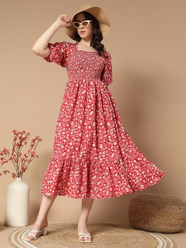 Kzully | Colorful Floral Print Midi Dress | Smocking And Elastic Comfort | Stylish Woman Wearing A Pretty Printed Flower | Trend