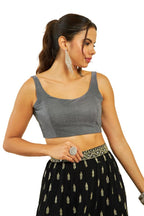 Soch Womens Grey Net Shimmery Scoop-Neck Back-Open Sleeveless Blouse