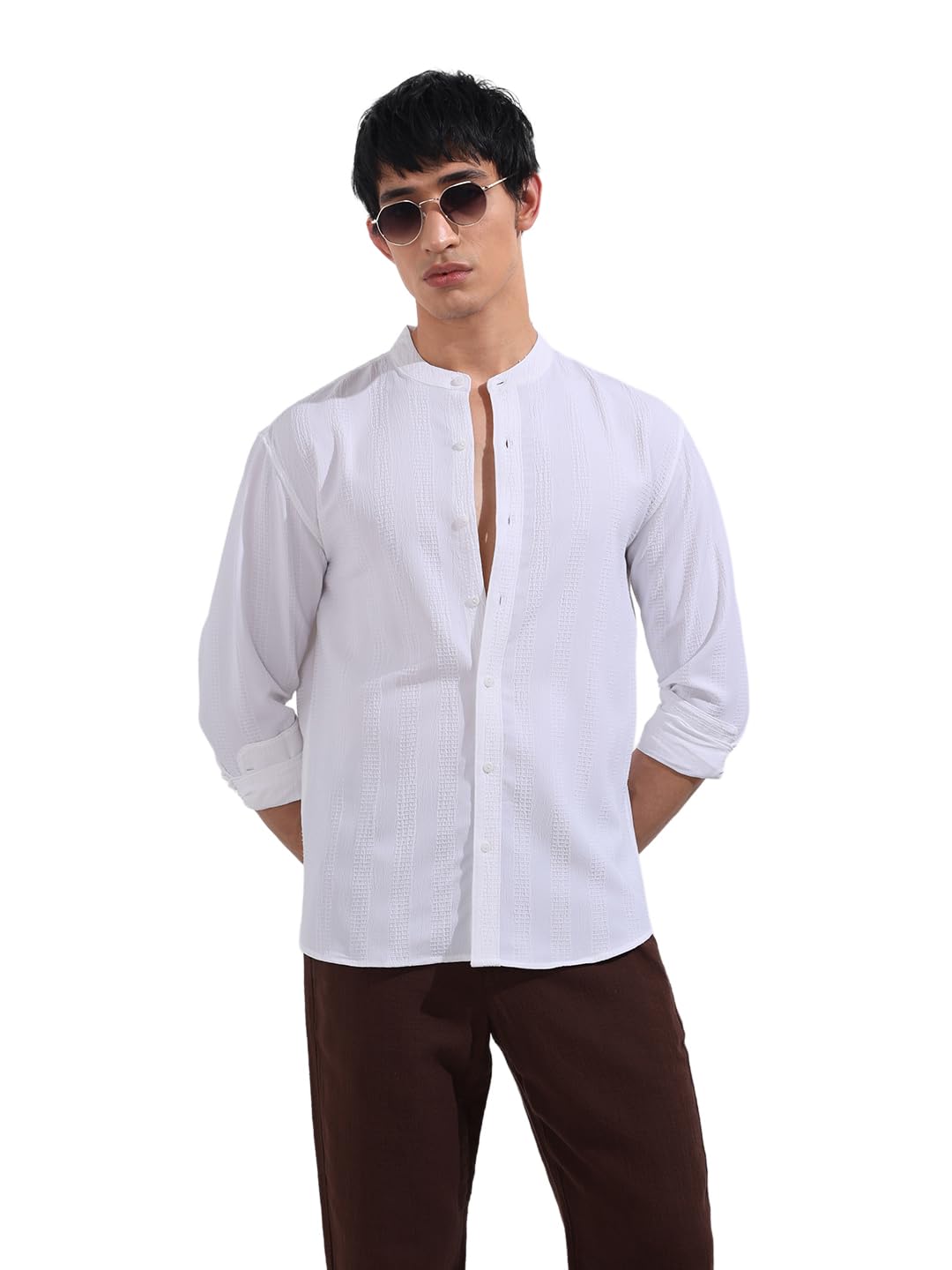 The Indian Garage Co Mens Relaxed Fit Textured Mandarin Collar Full Sleeves Resort Sweater