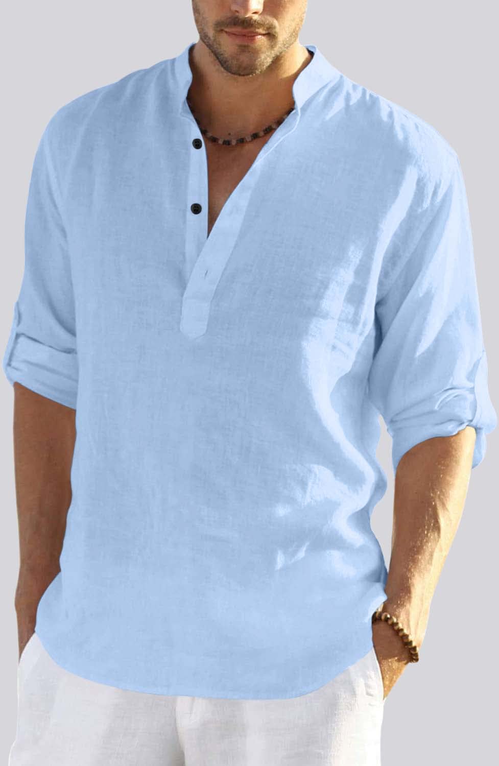 Hemrin MenS Cotton Blend Full Sleeve Short Kurta Shirt With Mandarin Collar Sky Blue