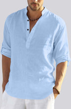 Hemrin MenS Cotton Blend Full Sleeve Short Kurta Shirt With Mandarin Collar Sky Blue
