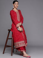 Libas Womens Embroidered Silk Blend Straight Kurta With Palazzos And Dupatta