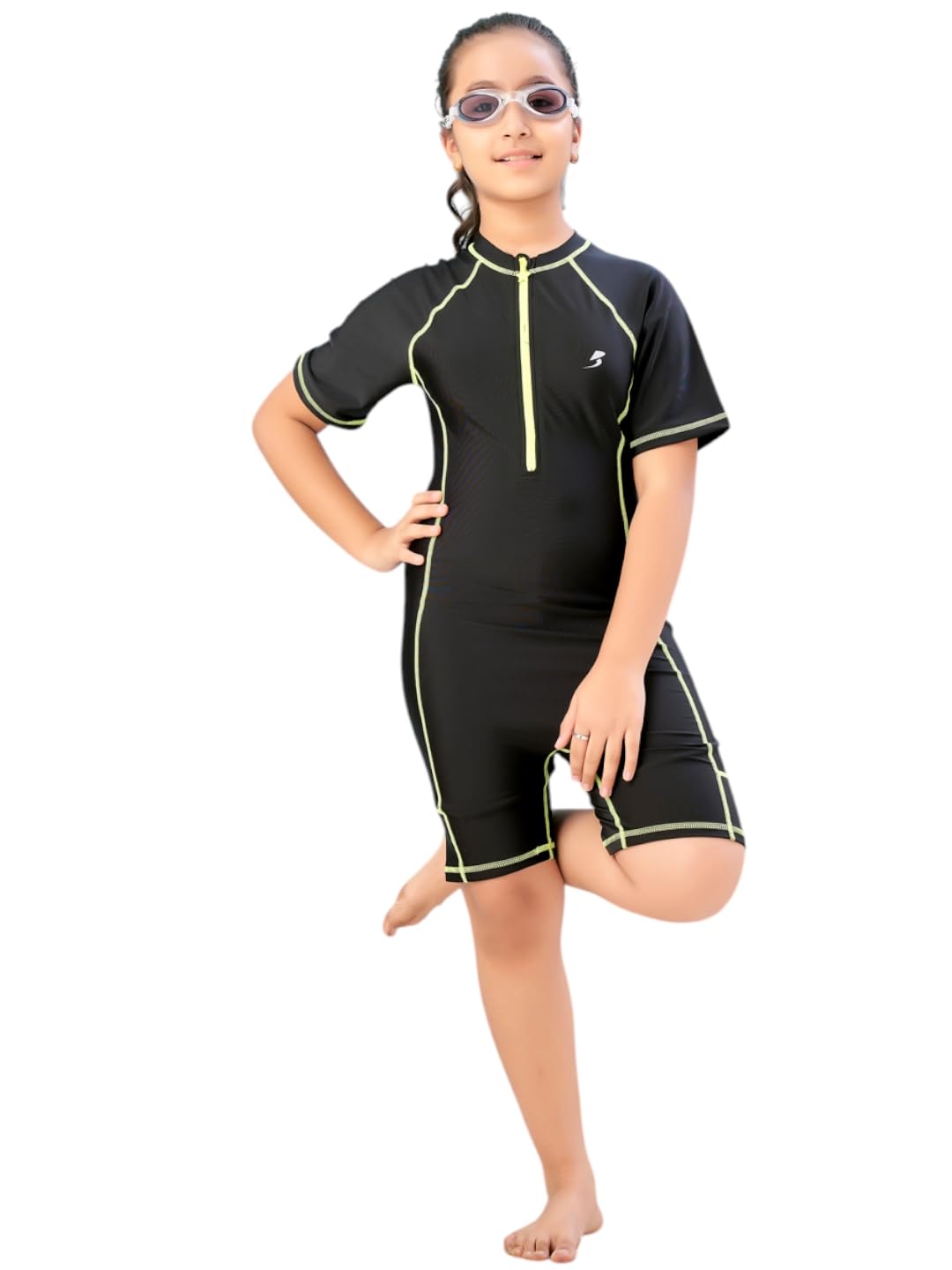 Aarika Girls Sports Wear Black-Blue Colour Cartoon Print Nylon Swim Suit (2-9 Years)-(SW-SHM-AB-612)