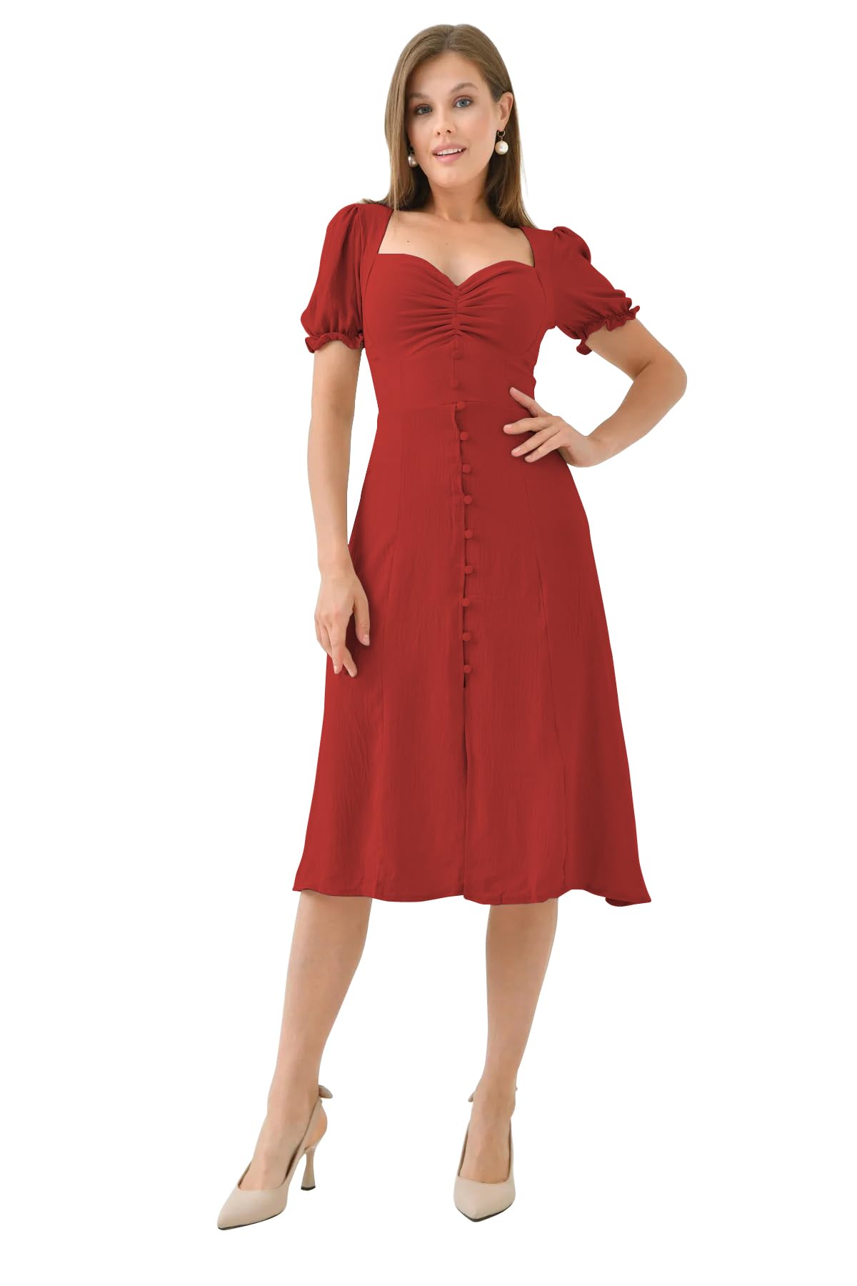 Shasmi Girls & Womens Solid Red Midi Dress  Elegant Square Neck Button-Down Dress with Puff Short Sleeves | Stylish Casual & P