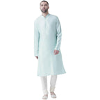 Kisah Cotton Blend Turquoise Blue Kurta For Men, Full Sleaves, Knee Length, Straight, Regular Fit, Mandarin Collar, Geometric Em
