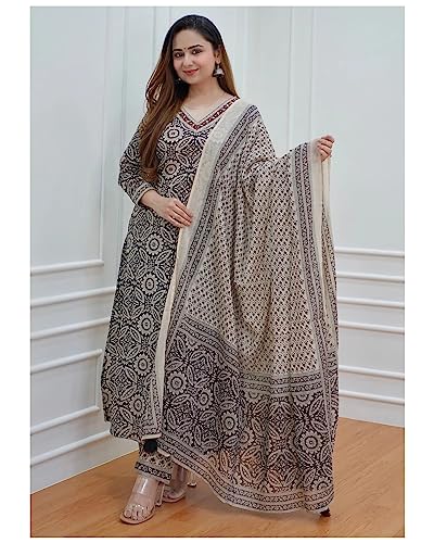 ANNI DESIGNER Womens Cotton Blend Printed Straight Kurta with Pant & Dupatta Pack of 2 (Combo-Nihira Cream-Mukhi Pink_XL_Multi_