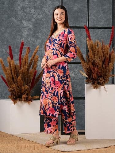 ANNI DESIGNER Womens Cotton Blend Straight Printed Straight Fit Kurta With Palazzo (Chinki Blue_L_Blue_Large)