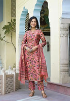 ANNI DESIGNER Womens Cotton Blend Straight Printed Kurta with Pant & Dupatta (Kinara Peach_M_Peach_Medium)