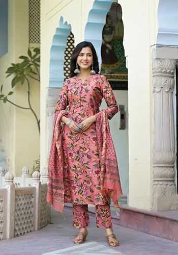 ANNI DESIGNER Womens Cotton Blend Straight Printed Kurta with Pant & Dupatta (Kinara Peach_M_Peach_Medium)