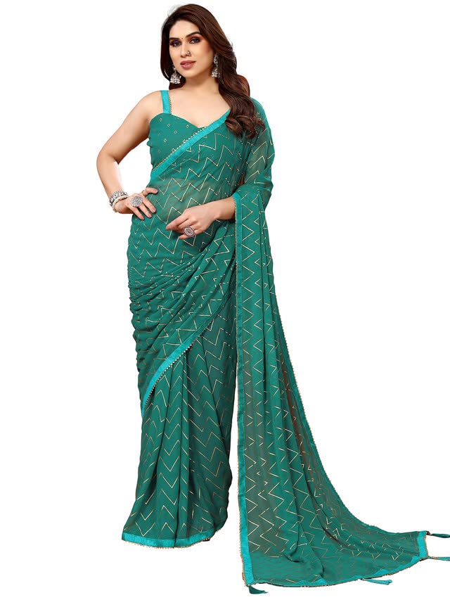 Satrani WomenS Georgette Foil Print Saree With Unstitched Blouse Piece(3066S2125N_Green)