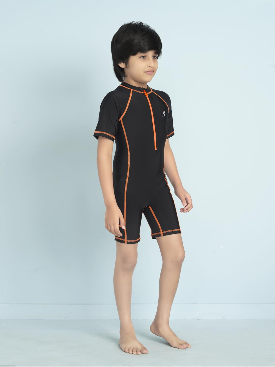 Aarika Boys Sports Wear Black Orange Colour Solid Nylon Swim Suit-(4-15 Years)-(New_SW_SHM_AB_603_Black_Orange_12)