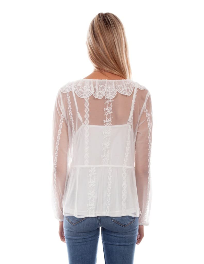 EMBROIDERED MESH TIE FRONT BLOUSE
