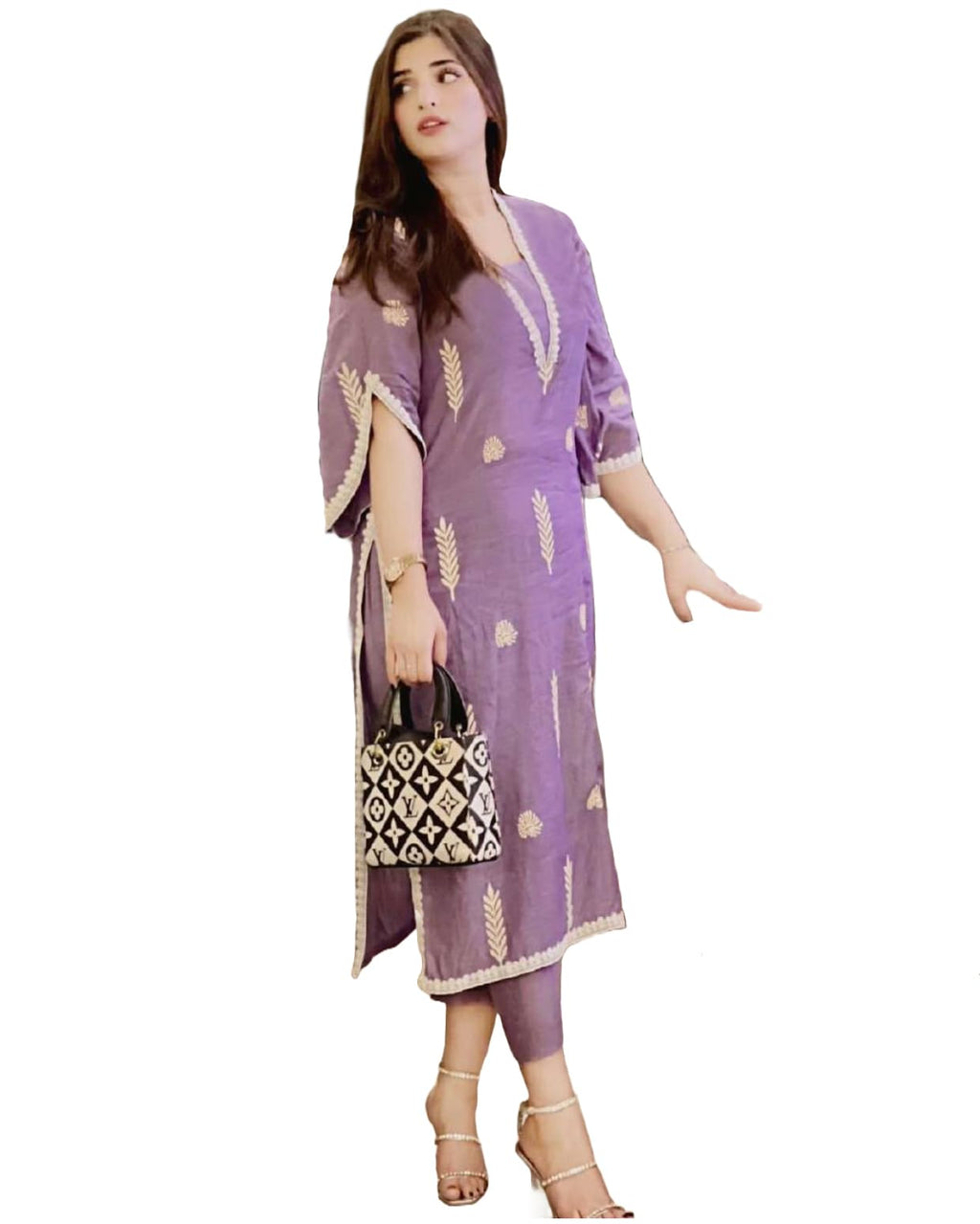 ANNI DESIGNER Womens Rayon Viscose Printed Pakistani Kurta with Pant Set (Vastarpur Purple_S_Purple_Small)