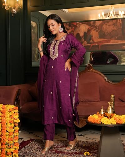 ANNI DESIGNER Womens Rayon Blend Straight Embroidered Kurta with Pant & Dupatta (ARJU Wine_S_Wine_Small)