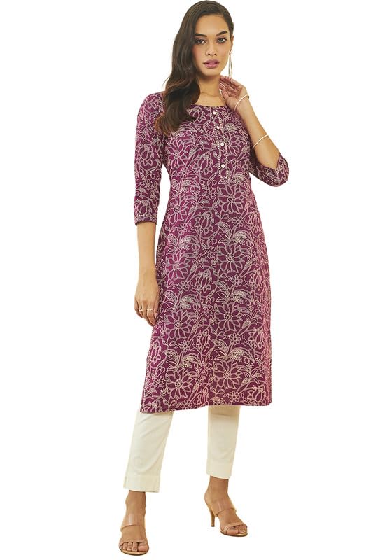 Soch Womens Wine Cotton All-Over Floral Print Straight Kurta With Gota Patti Details