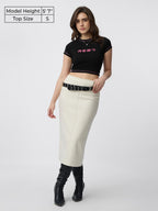 The Souled Store Crop Top: Hikari Women and Girls Short Sleeves Round Neck Black Printed Cotton Blend Slim Fit Cropped Tops