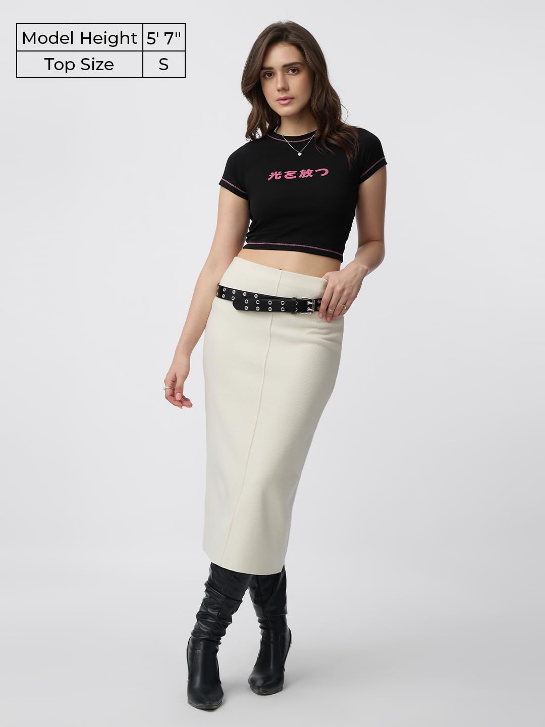 The Souled Store Crop Top: Hikari Women and Girls Short Sleeves Round Neck Black Printed Cotton Blend Slim Fit Cropped Tops
