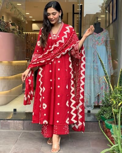 Lookmark WomenS Cotton Blend Zigzag And Dotted Print Kurta Plazzo Set With Dupatta Suitable For Every Indian Occasion (Az-Lm-Og