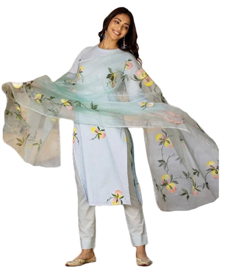 ANNI DESIGNER Womens Cotton Blend Straight Printed Kurta with Pant & Dupatta (Taral Grey-NW_S_Grey_Small)