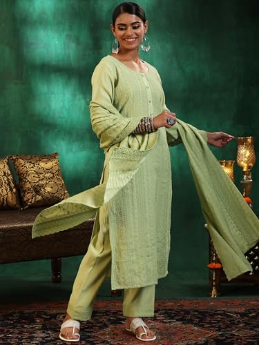 Libas Womens Embroidered Silk Blend Straight Kurta With Palazzos And Dupatta