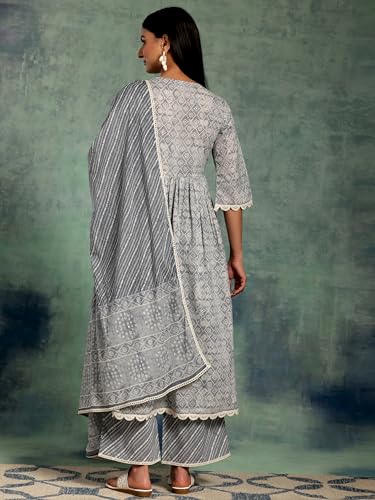 Libas Grey Printed Cotton A-Line Kurta With Palazzos & Dupatta