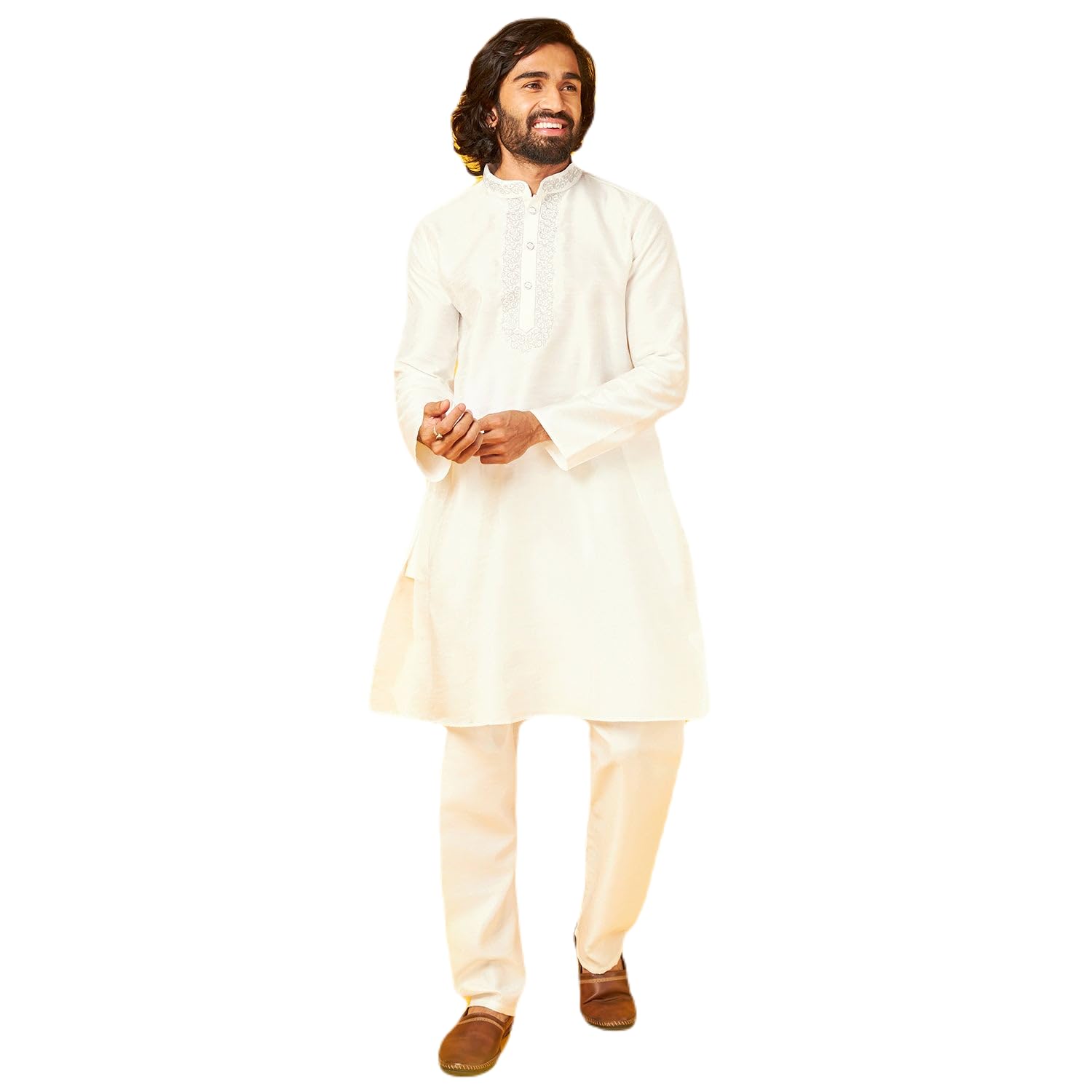 Bon Organik White Silk Kurta With Pajama Set For Men