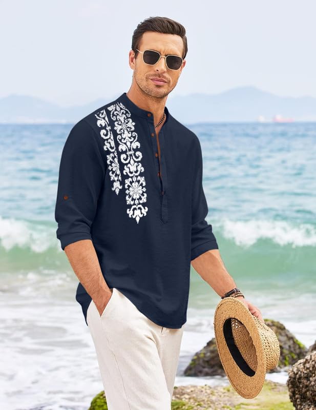 ROYALSCOUT Mens Regular Fit Stylish Embroidered Design Cotton Blend Full Sleeve Short Straight Kurta Shirt Navy