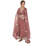 Shienzy WomenS Embroidered Chanderi Kurta Pant Set With Net Dupatta | V Neck, 3/4 Sleeve Ethnic Set | Outfit For Festive & Offi