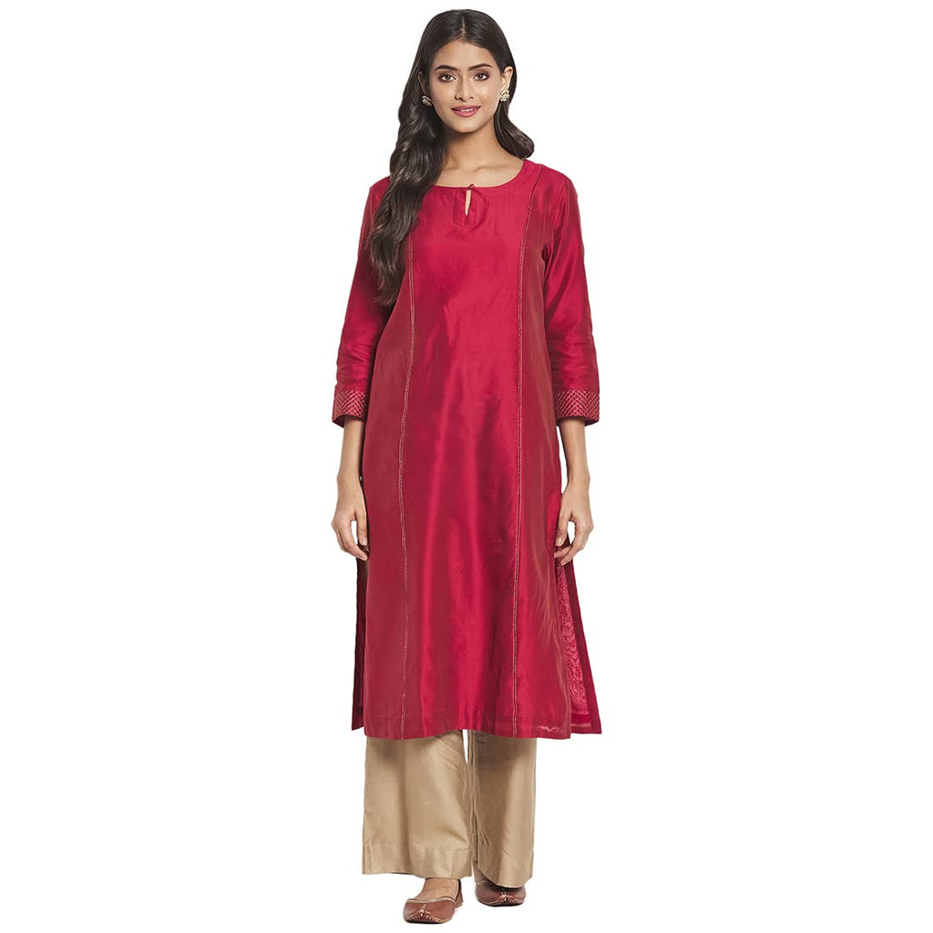 Fabindia Women Cotton Silk Embroidered Long Regular Fit Kurta Red_S